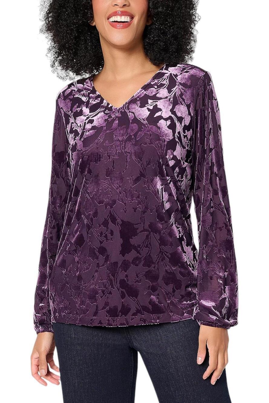 Denim & Co. Women's Burnout Velvet Long Sleeve Blouse Deep Purple - Regular